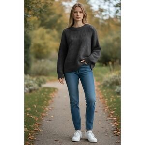 Old Navy Sweater Womens M Black Pointelle Knit Crew Neck Fuzzy Warm Winter Cozy